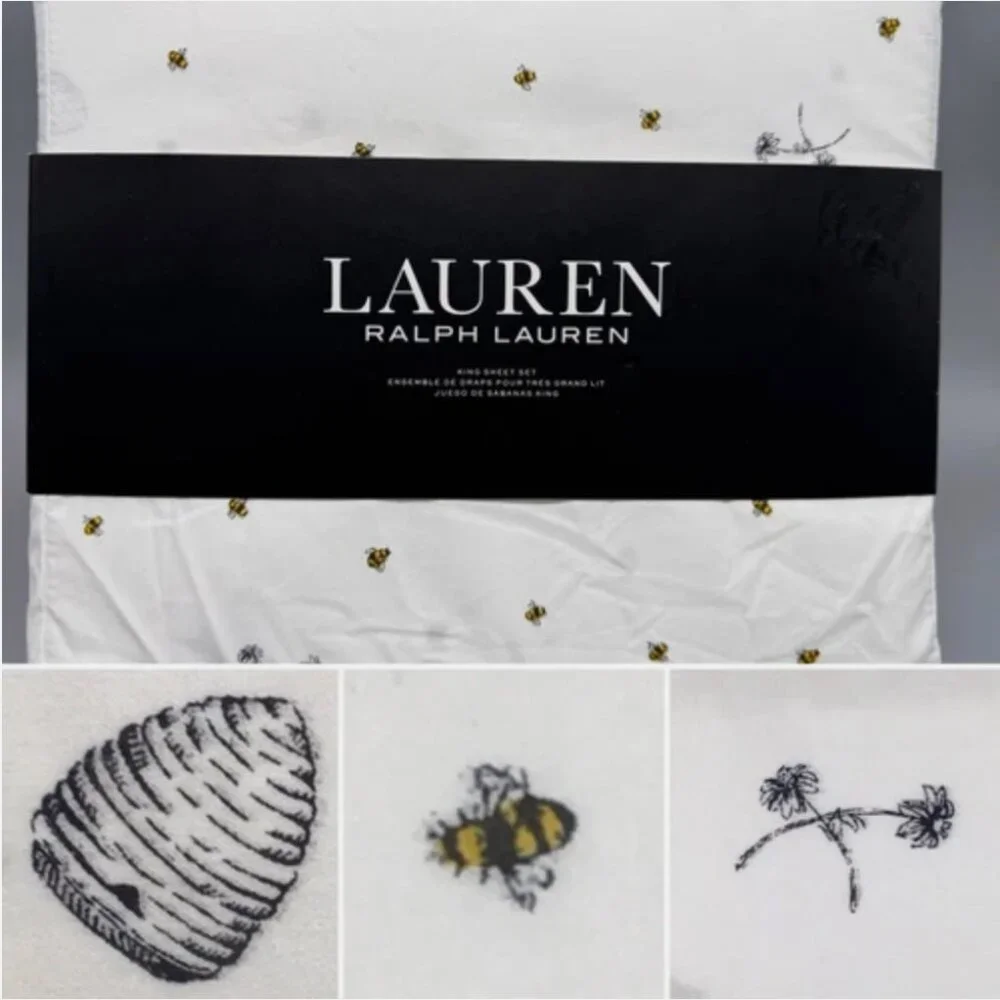 Ralph Lauren KING Sheet Set Bumble Bee Hive Flowers Cotton 18
